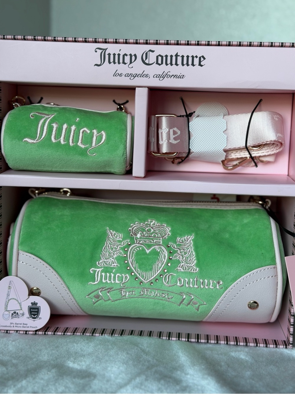 Juicy Couture Her Majesty Heritage Barrel Shoulder Bag Scottie Dogs retro green